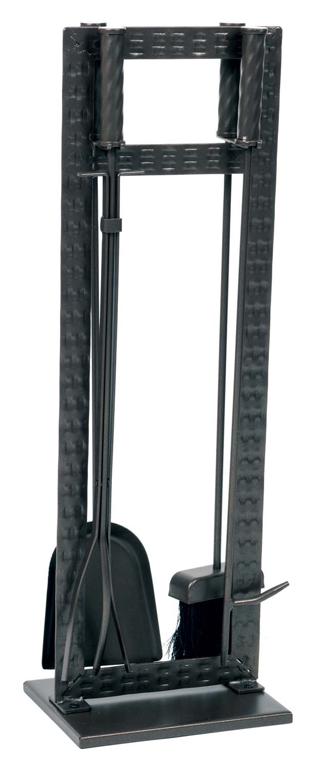 Black metal fireplace tool set stand with five tools