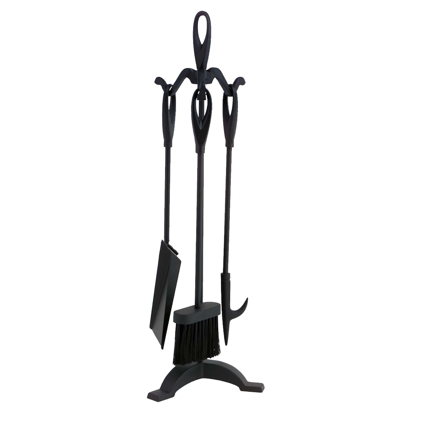 Black four-piece fireplace tool set with stand, including brush, poker, shovel and tongs