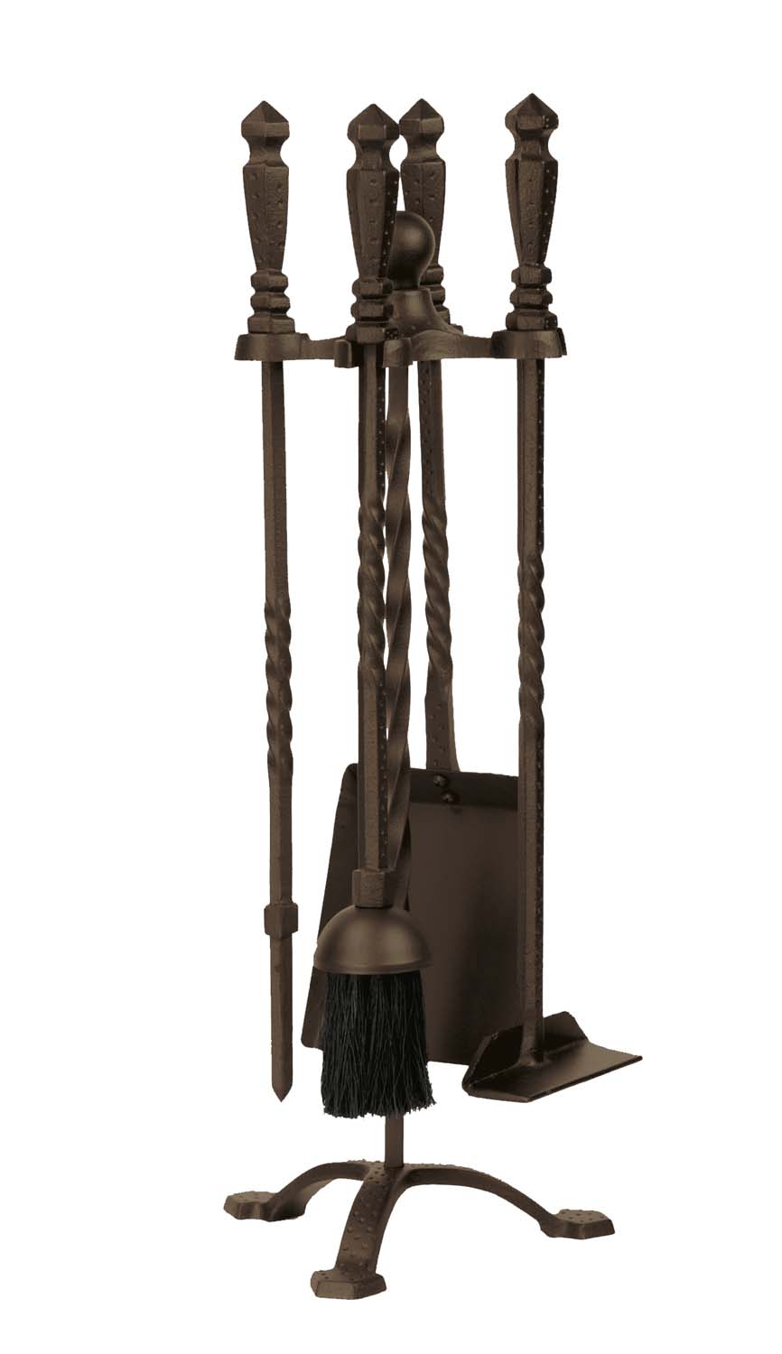 Bronze wrought iron fireplace tool set with stand and five tools