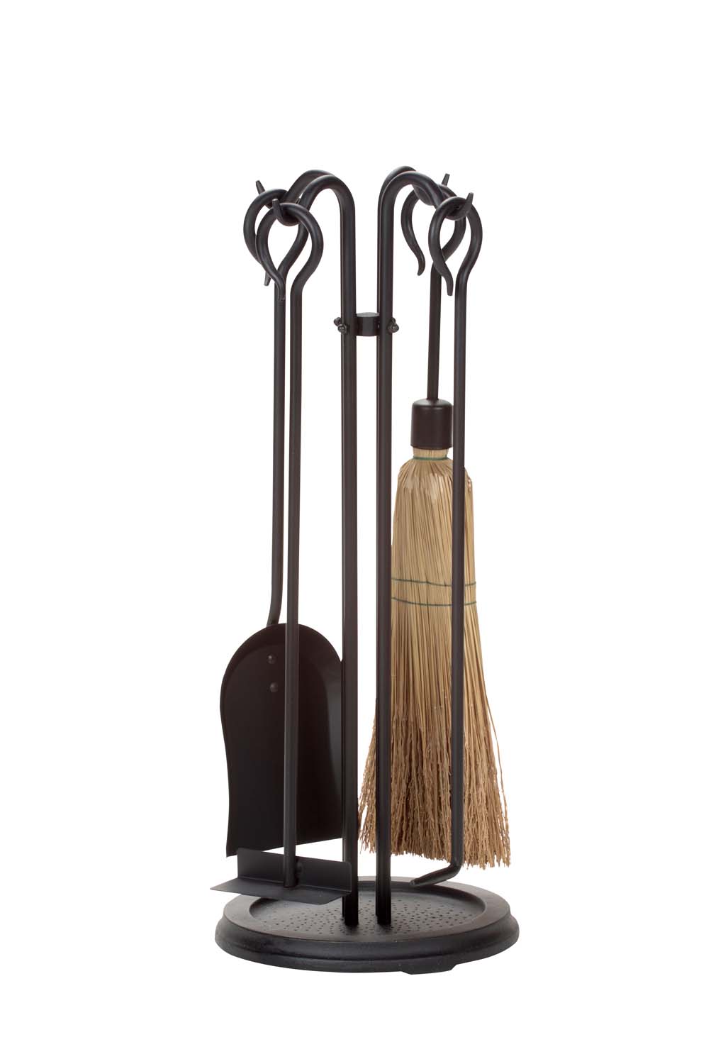 Black wrought iron fireplace tool set with five pieces and circular base