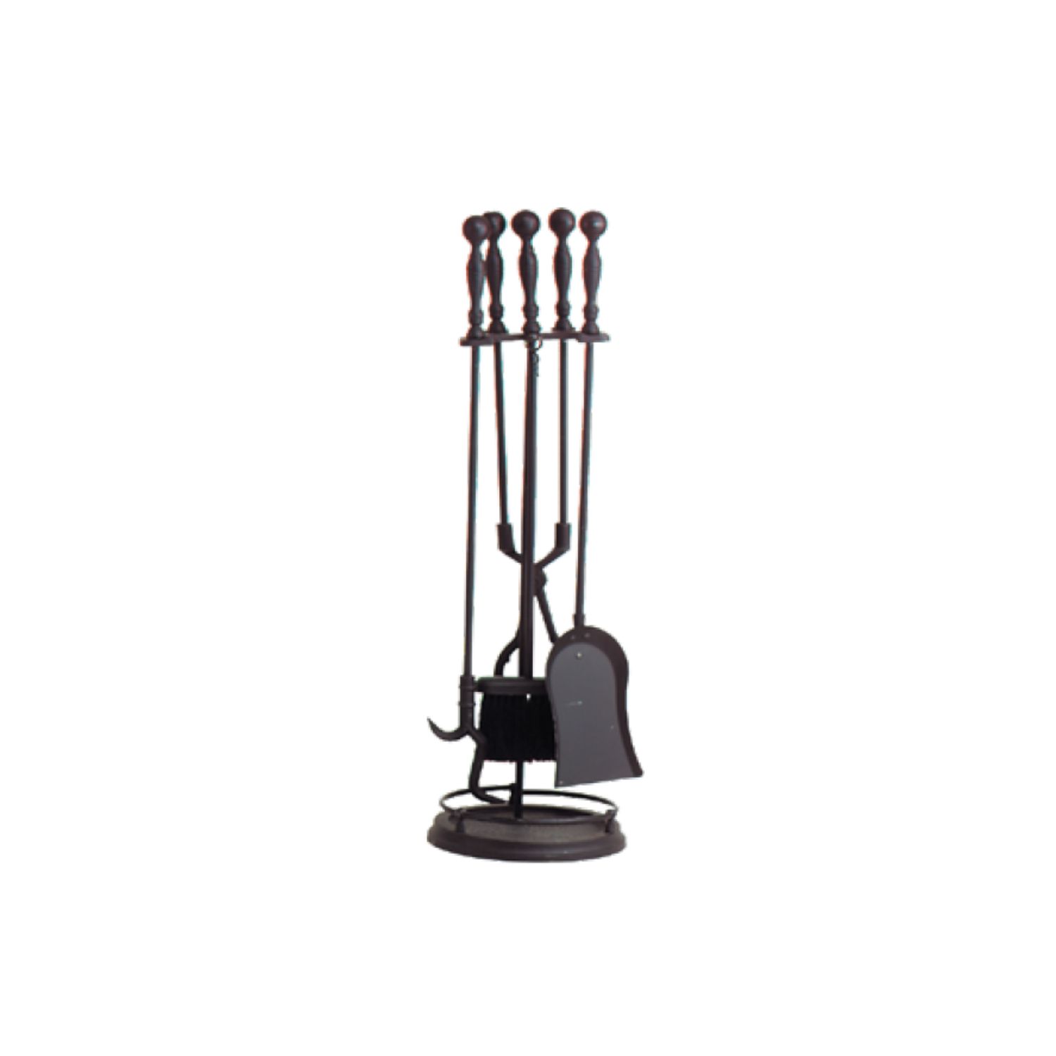 Black five-piece fireplace tool set with stand and hooks
