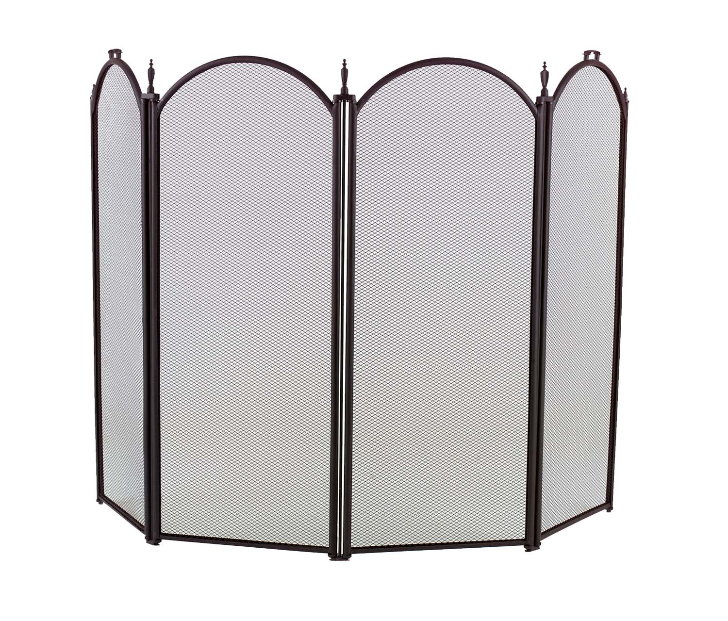 Black four-fold arched fireplace screen with four mesh panels and curved top frames