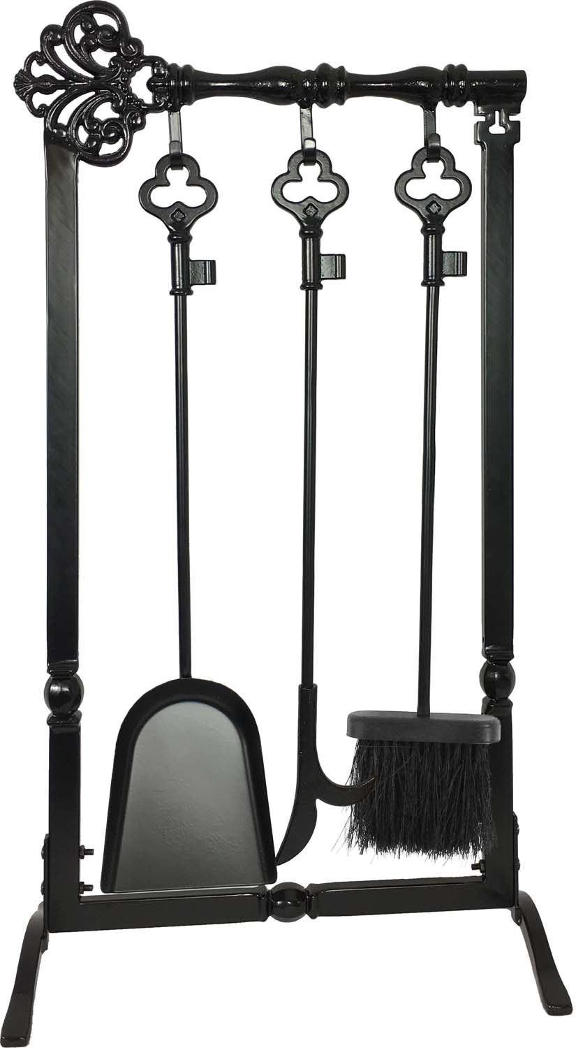 Black fireplace tool set with stand and four hanging tools, including brush and shovel
