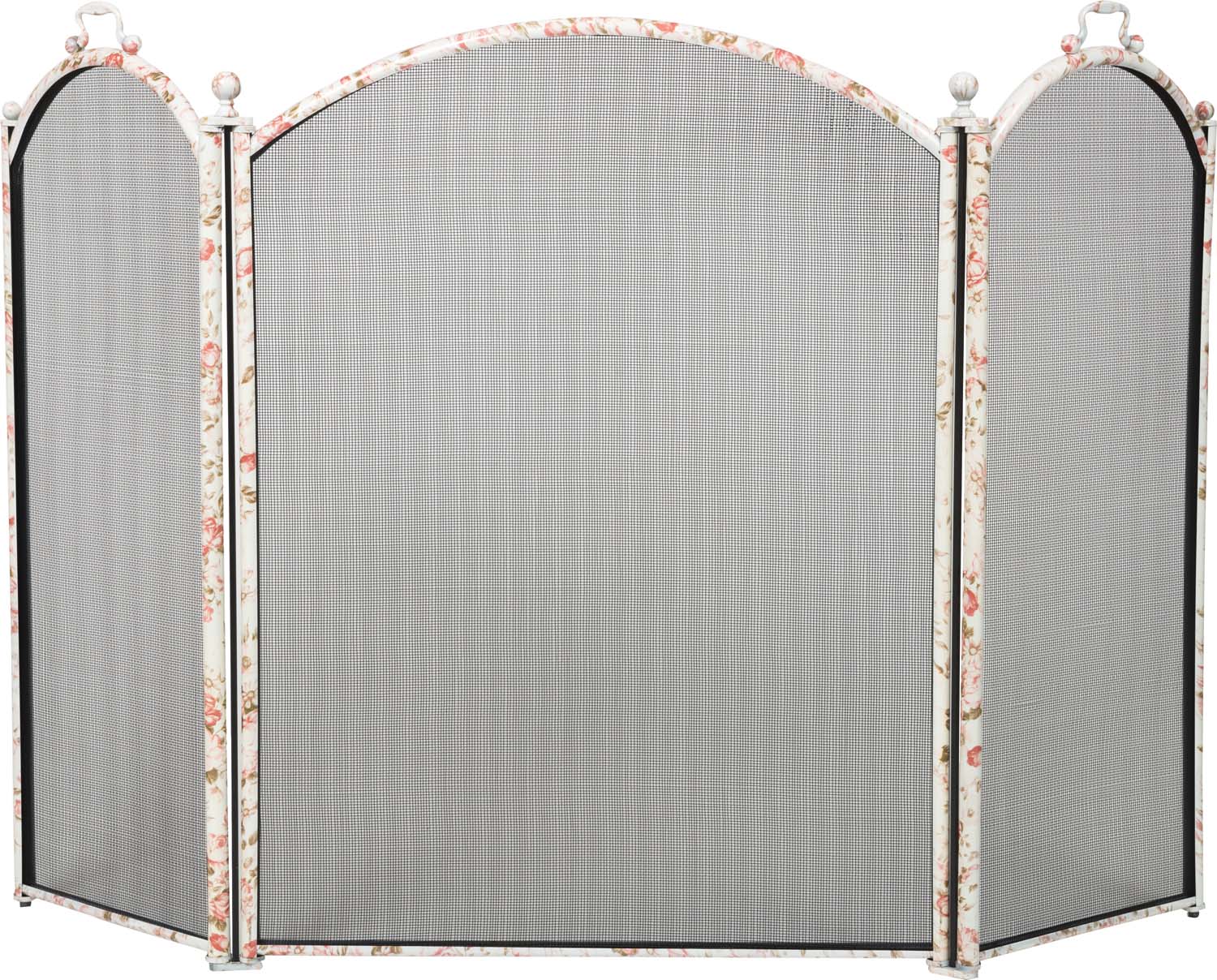 Three-fold arched fireplace screen, gray mesh with floral-patterned frame