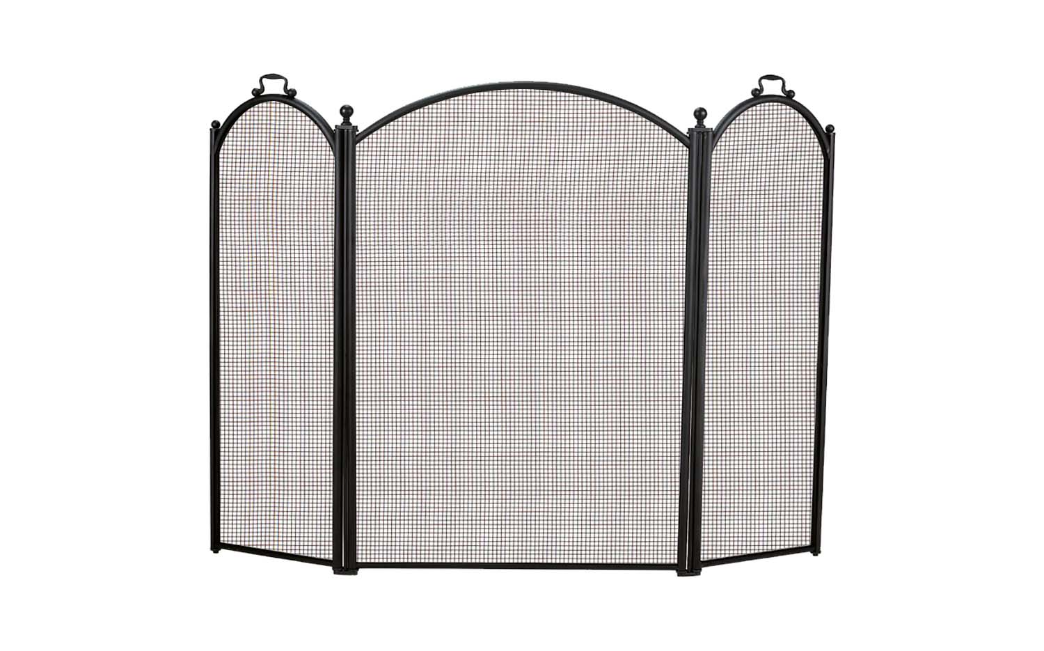 Three-fold arched fireplace screen with black frame and mesh panels