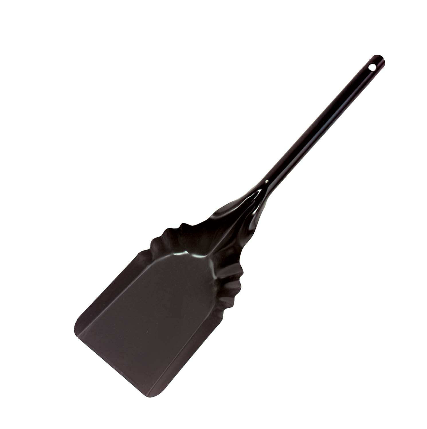 Coal and ash shovel with long handle, black metal scoop