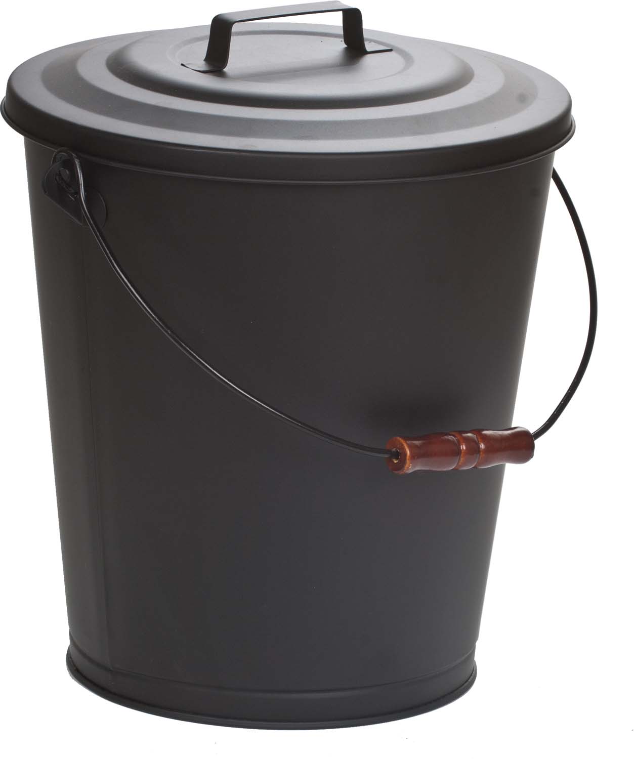 Black metal ash bucket with lid and carry handle, front spout with copper tap