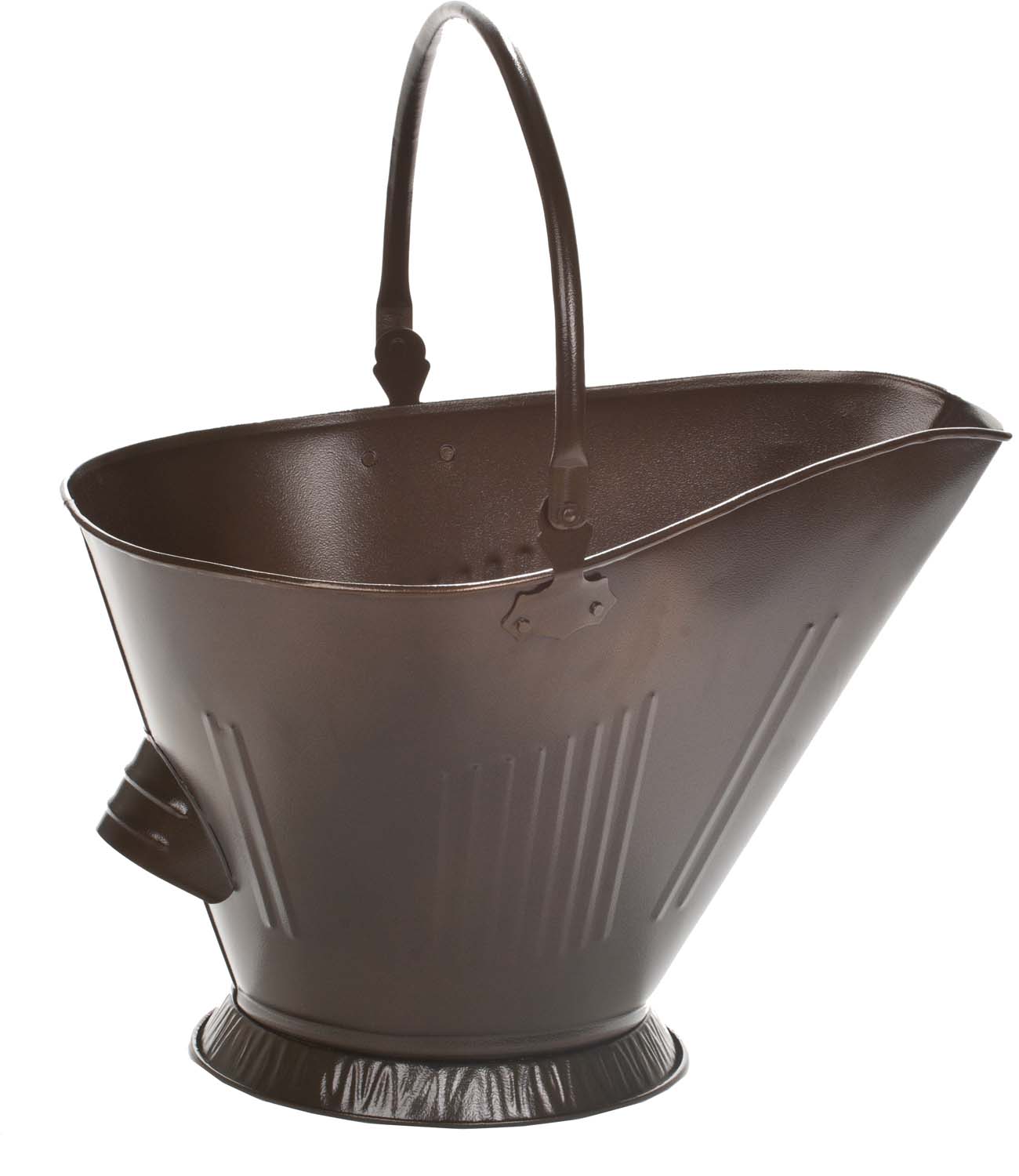 Bronze metal coal hod with wide rim and curved carry handle