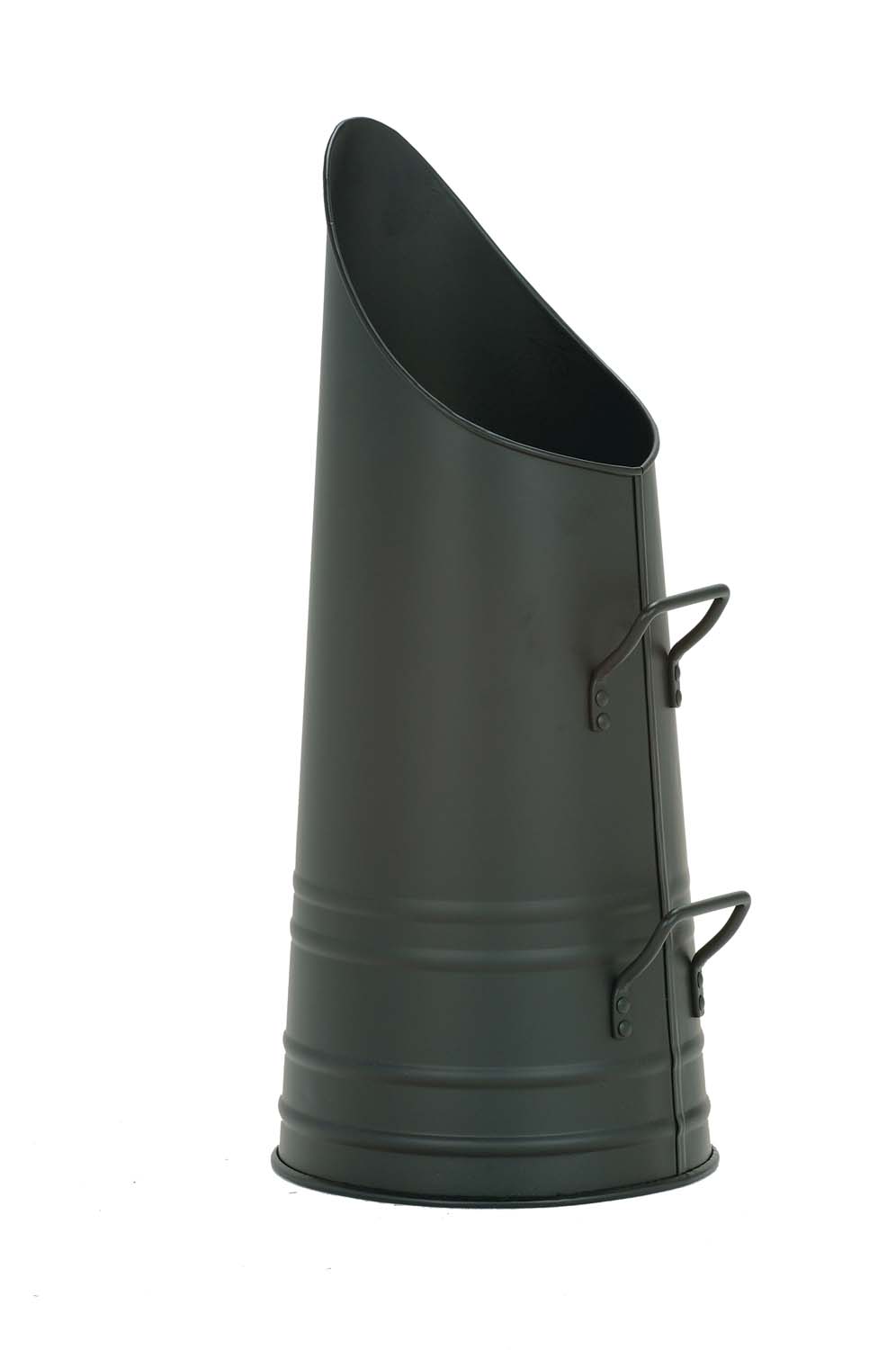 Black metal coal hod with two loop handles, tapered body and wide open top