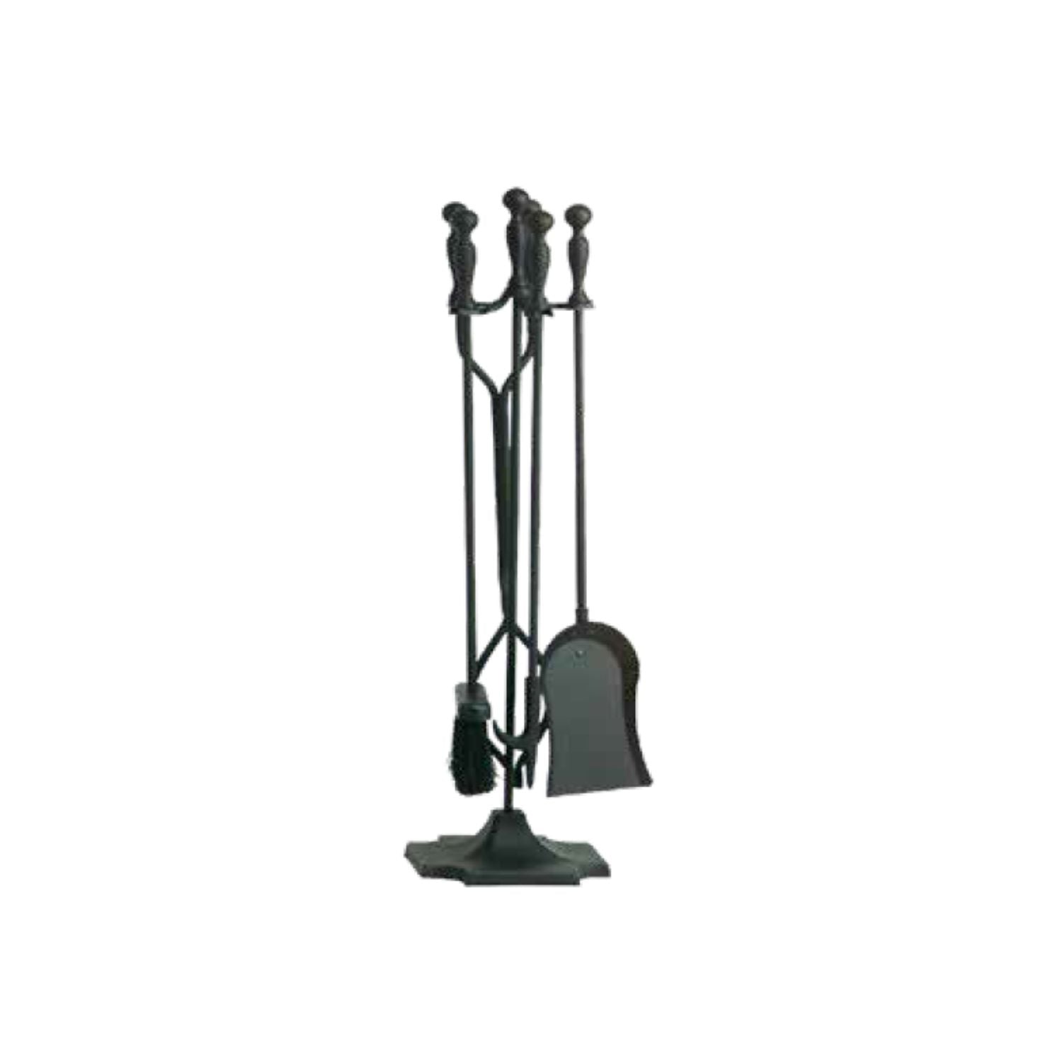 Black five-piece fireplace tool set with stand