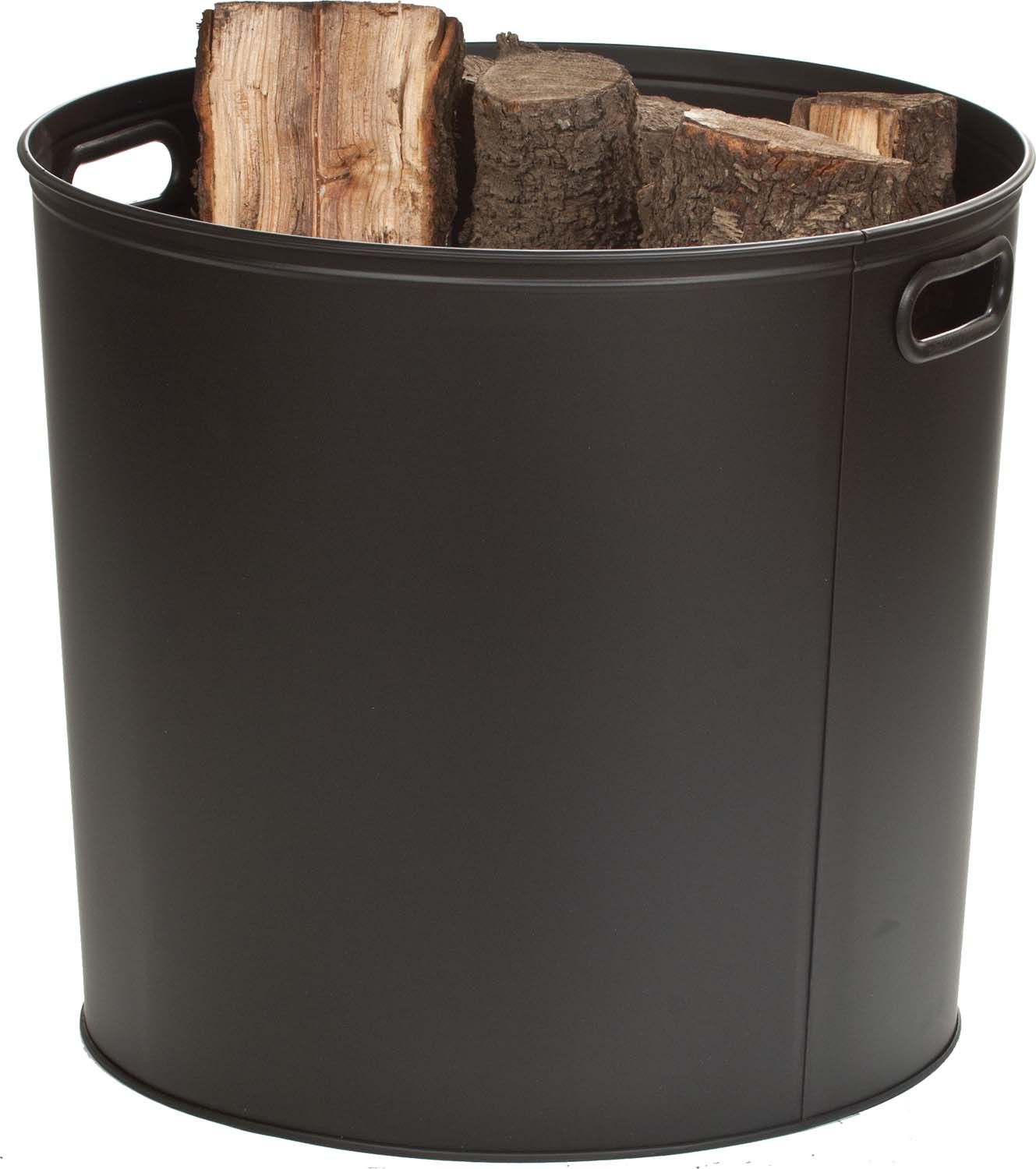 Black metal log bucket with loop handles, holding stacked firewood logs.