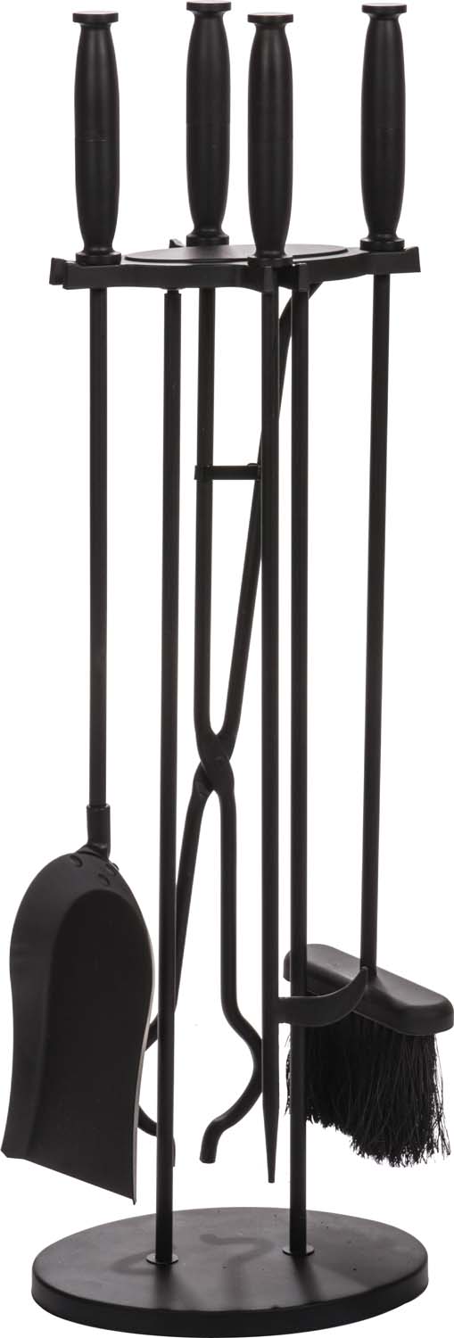 Black fireplace tool set with stand: shovel, poker, tongs, brush, and base