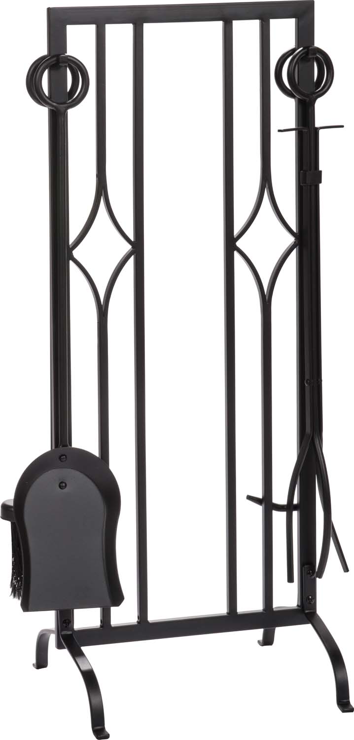 Black five-piece fireplace tool set with stand and hanging tools