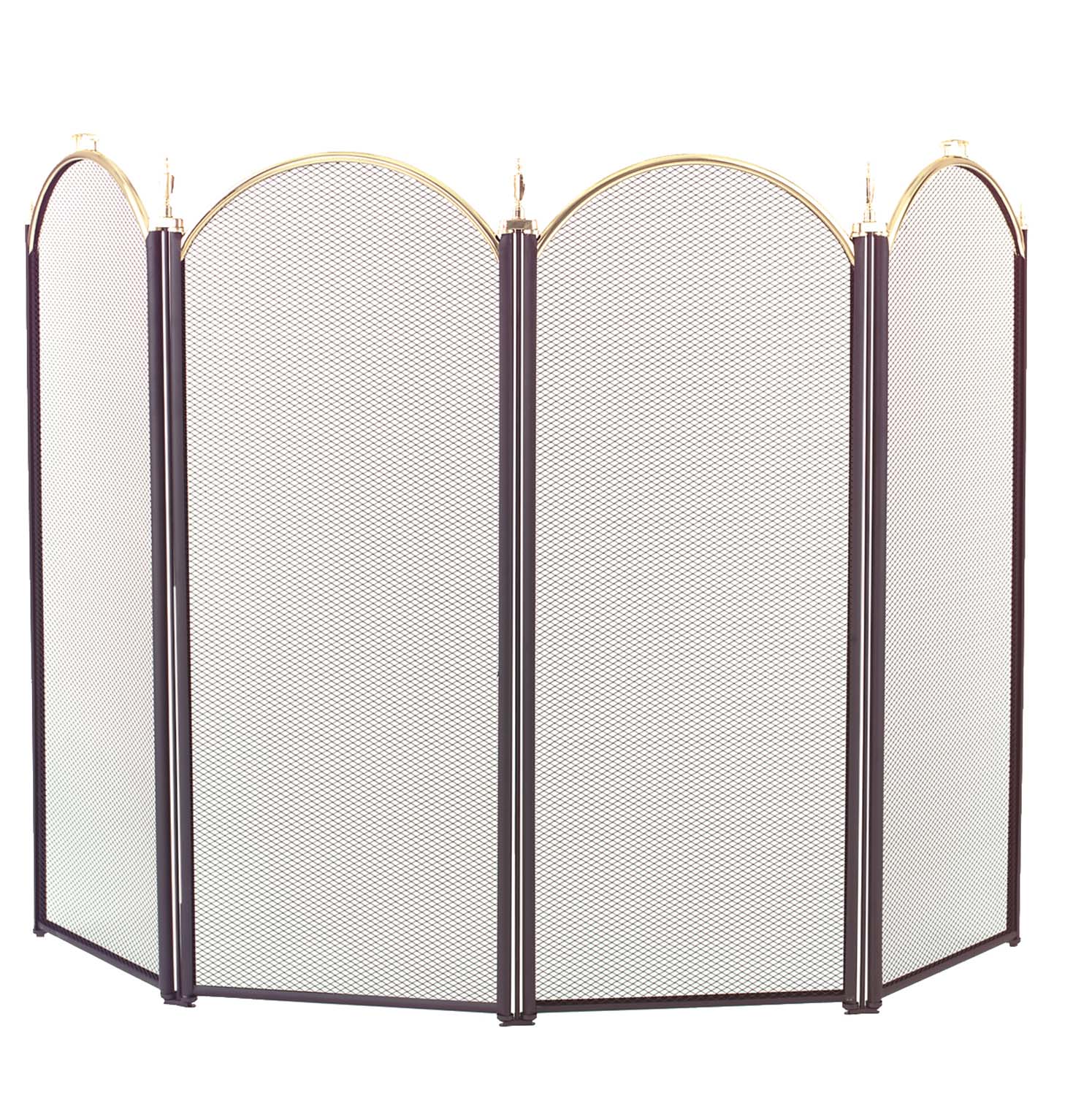 Four-fold arched fireplace screen with black frame, mesh panels, polished brass accents.