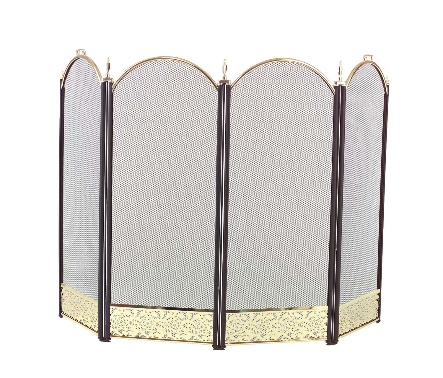Four-fold arched fireplace screen with black panels and polished brass mesh borders