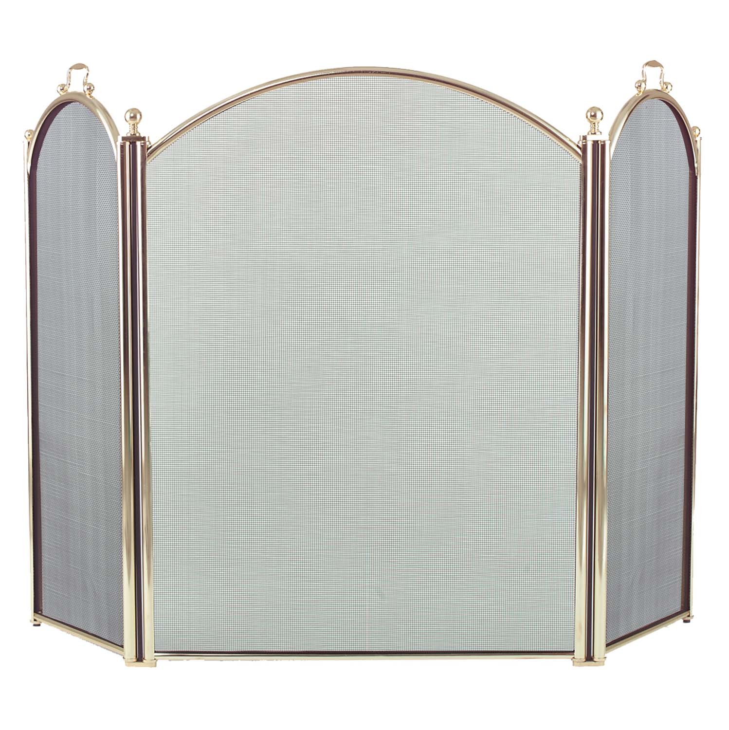 Polished brass arched three-fold fireplace screen with gray mesh panels