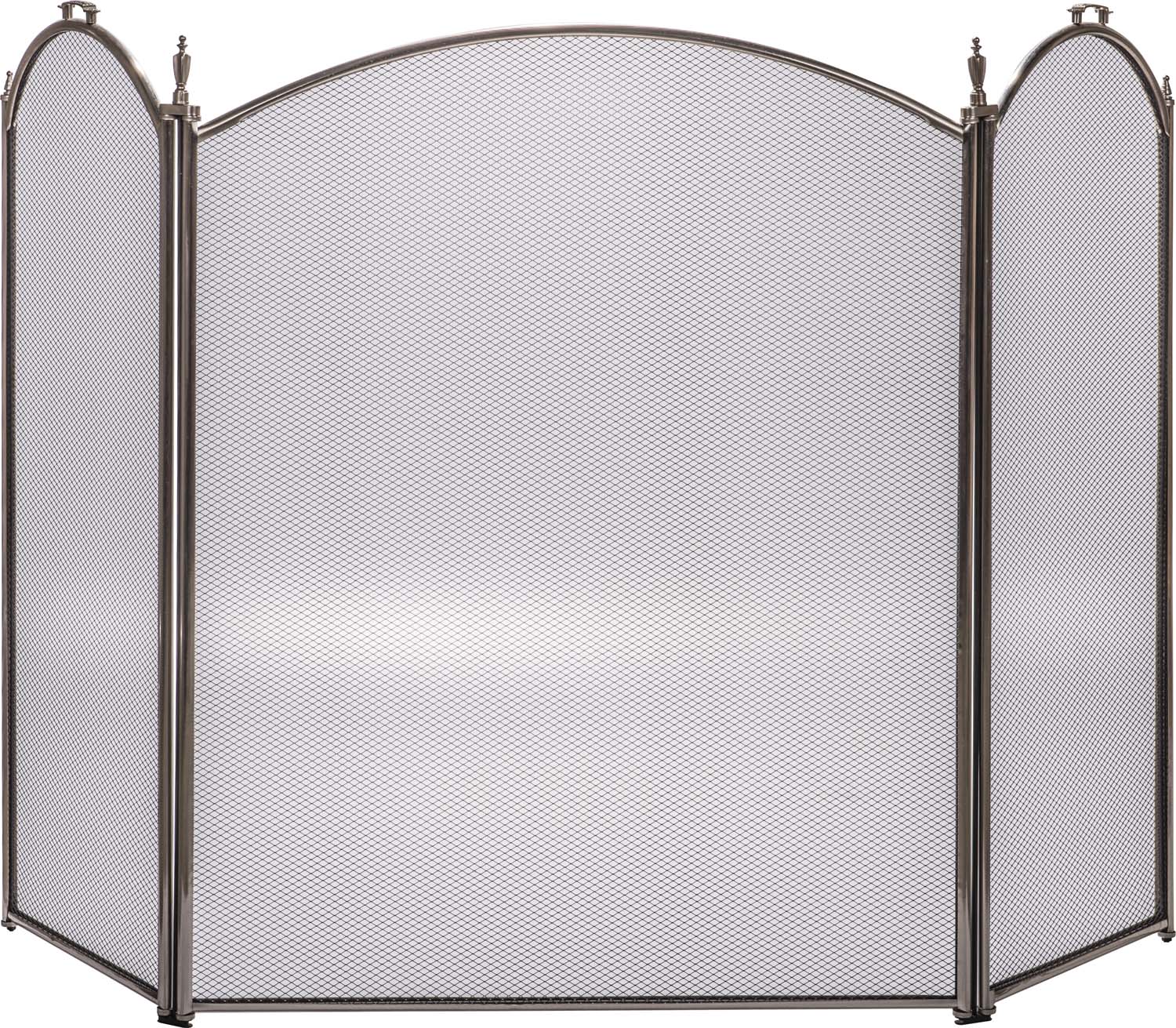 Three-fold arched fireplace screen with pewter frame and metal mesh panels