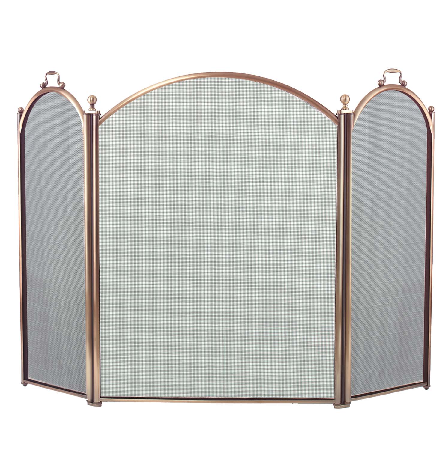 Antique brass arched three-panel fireplace screen with gray mesh panels