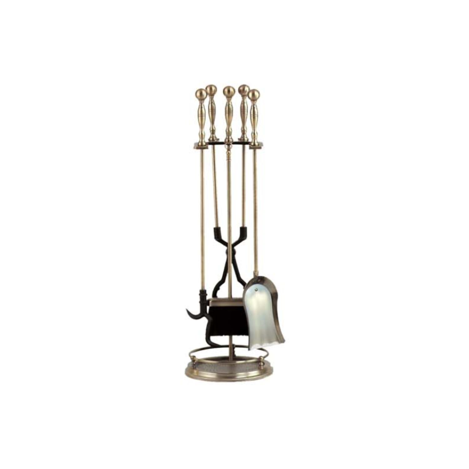 Antique brass five-piece fireplace tool set with stand and assorted shovel, poker, and brush.