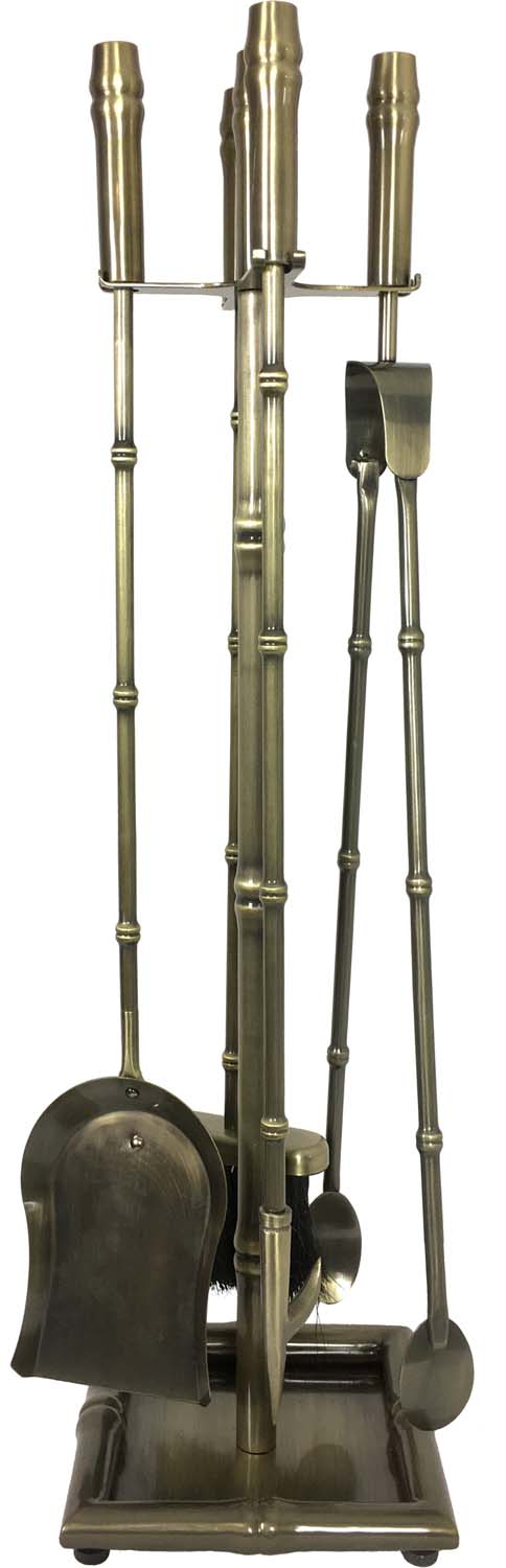 Five-piece fireplace tool set with stand, antique brass, includes shovel, poker, brush