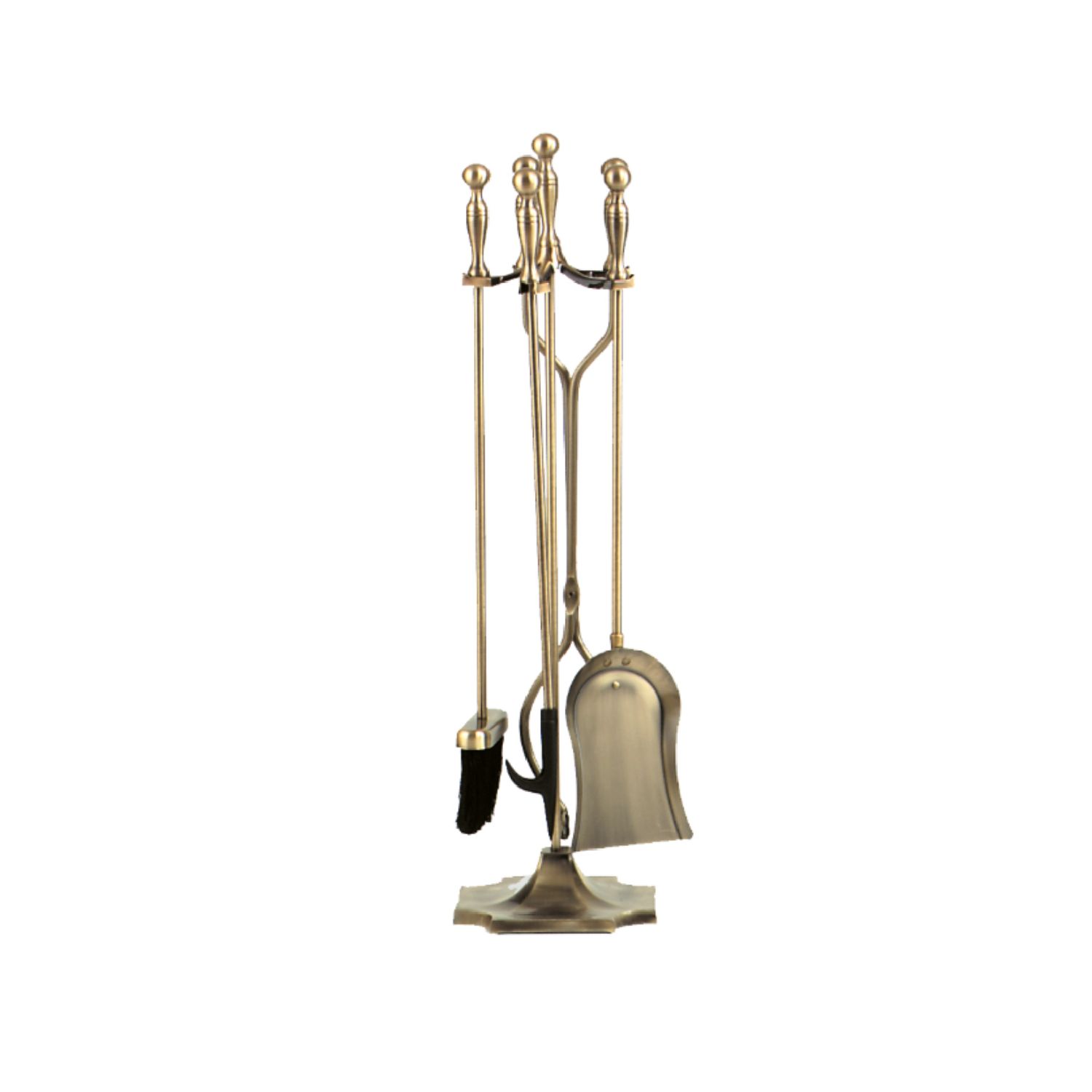 Antique brass fireplace tool set with shovel, poker, and brush on stand