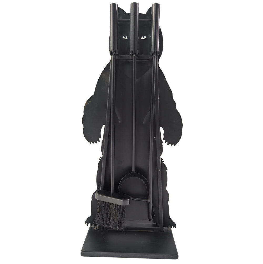 Metal bear fireplace tool set with brush and poker, dark finish, standing on base