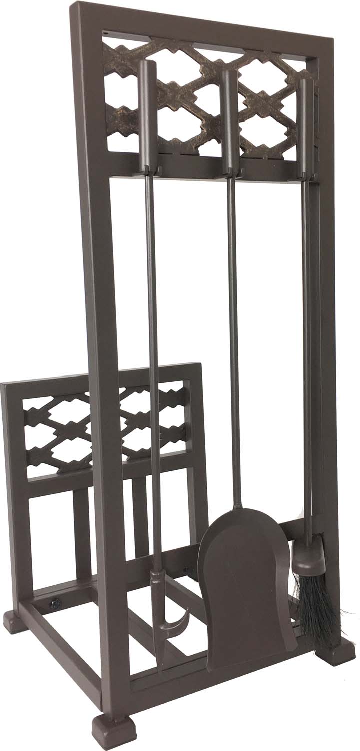 Bronze metal log rack stand with lattice sides and attached fireplace tools
