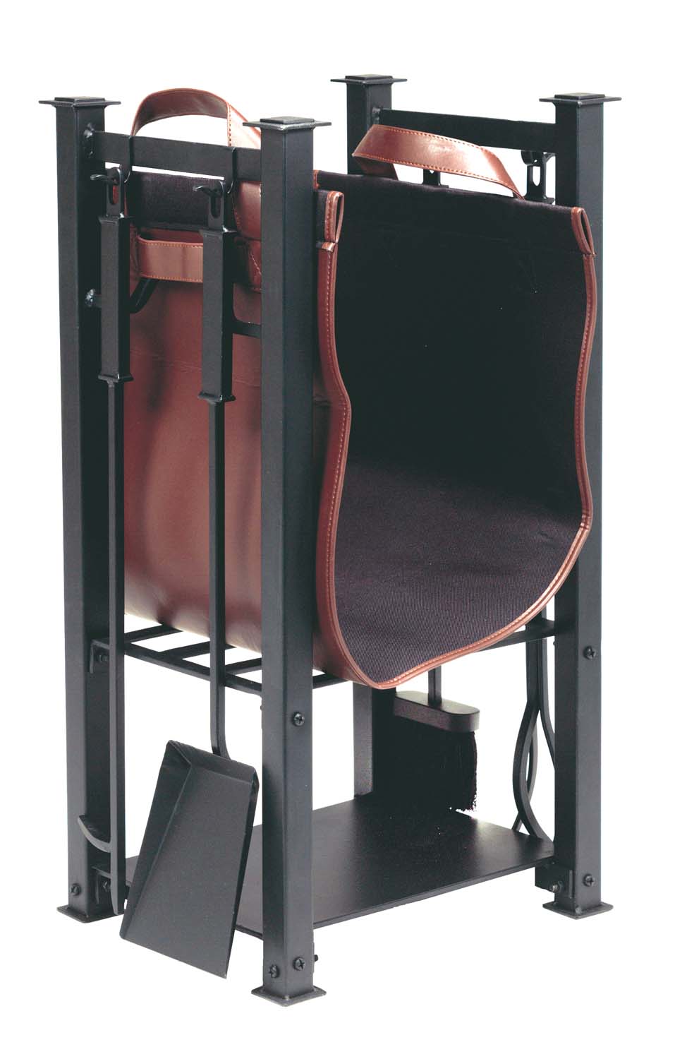 Black metal log holder with attached carrier basket and tool set