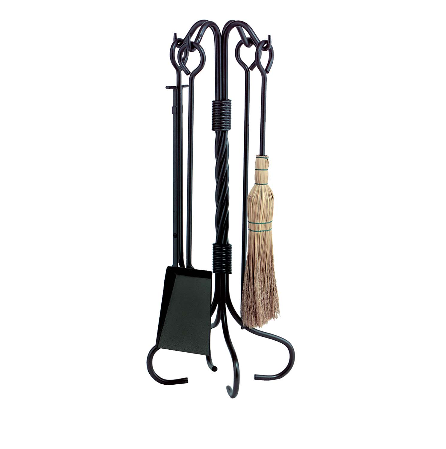 Black wrought iron fireplace tool set with stand and shovel, poker, brush, tongs