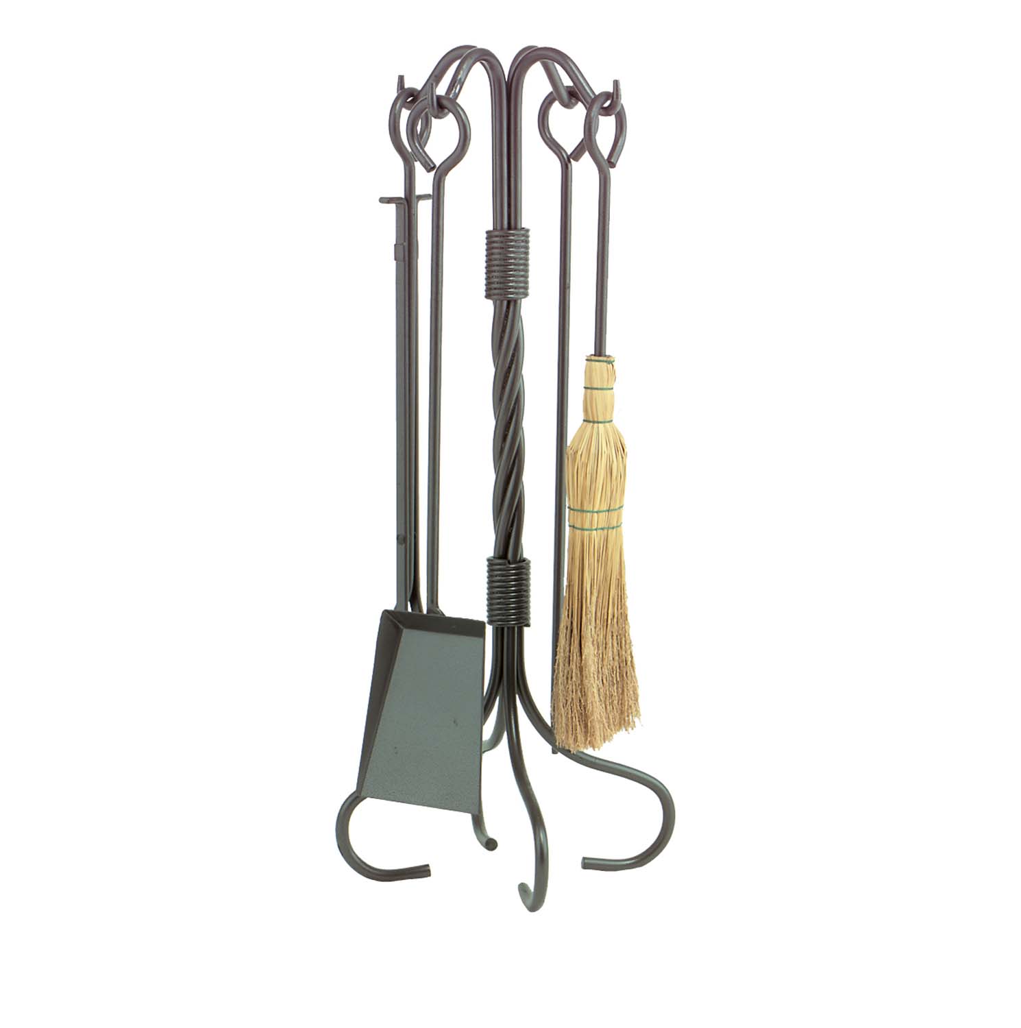 Wrought iron fireplace tool set with stand, shovel, poker, and brush, natural iron