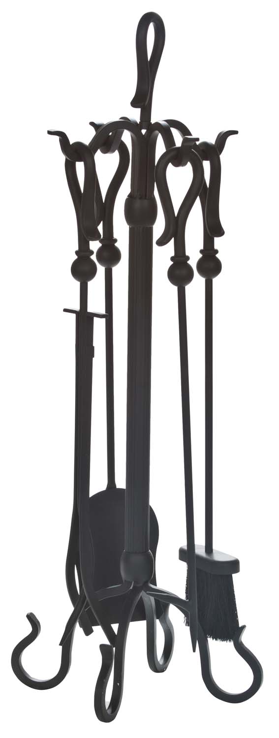 Black wrought iron fireplace tool set with five tools and stand