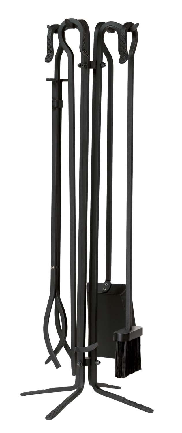 Black wrought iron fireplace tool set with stand and five tools