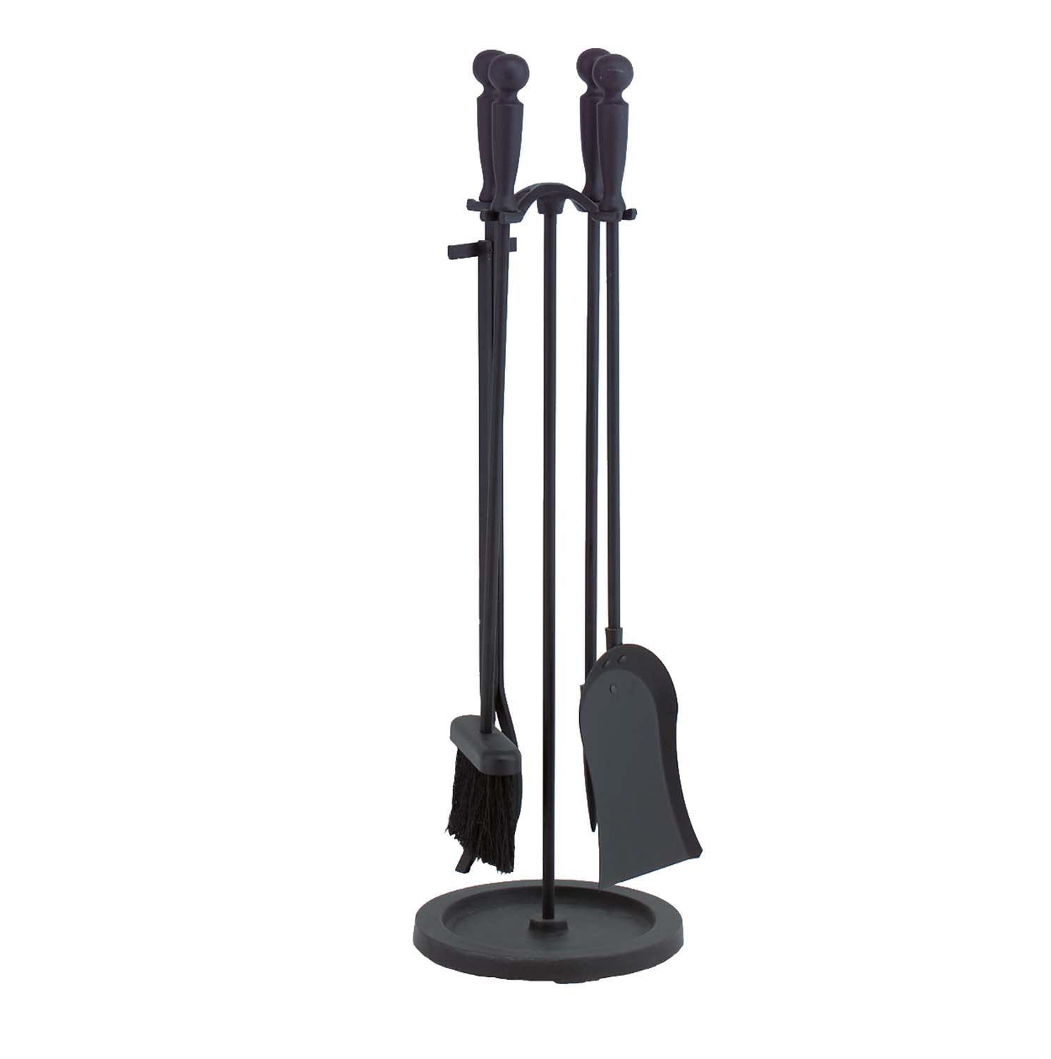 Black fireplace tool set with stand and tools