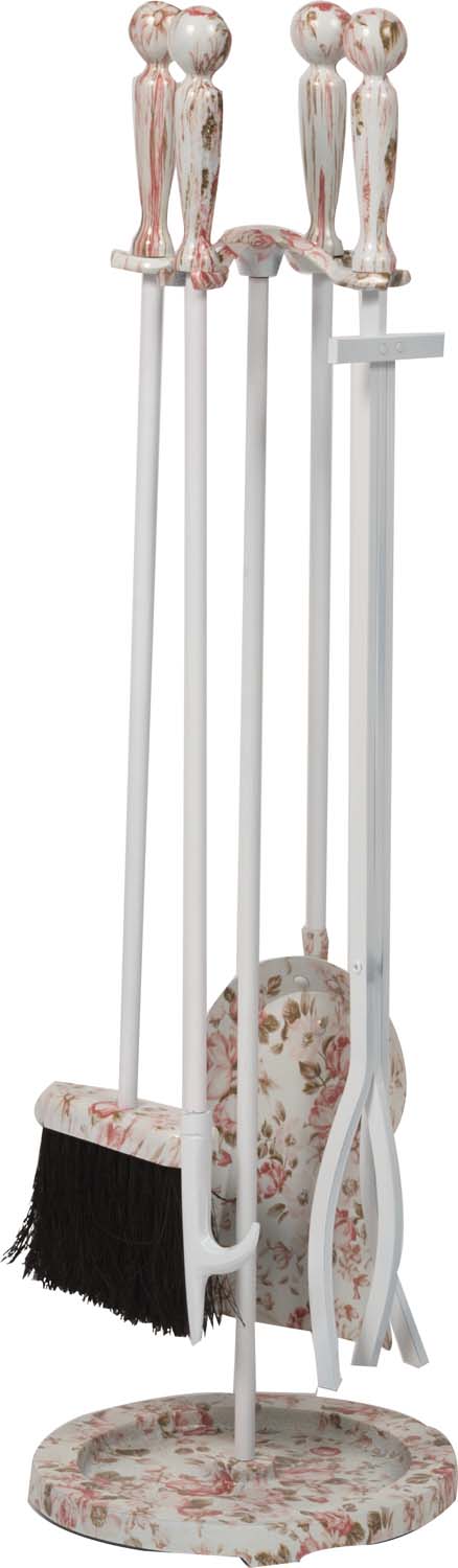 Floral fireplace tool set with white metal stand and five round floral accessories