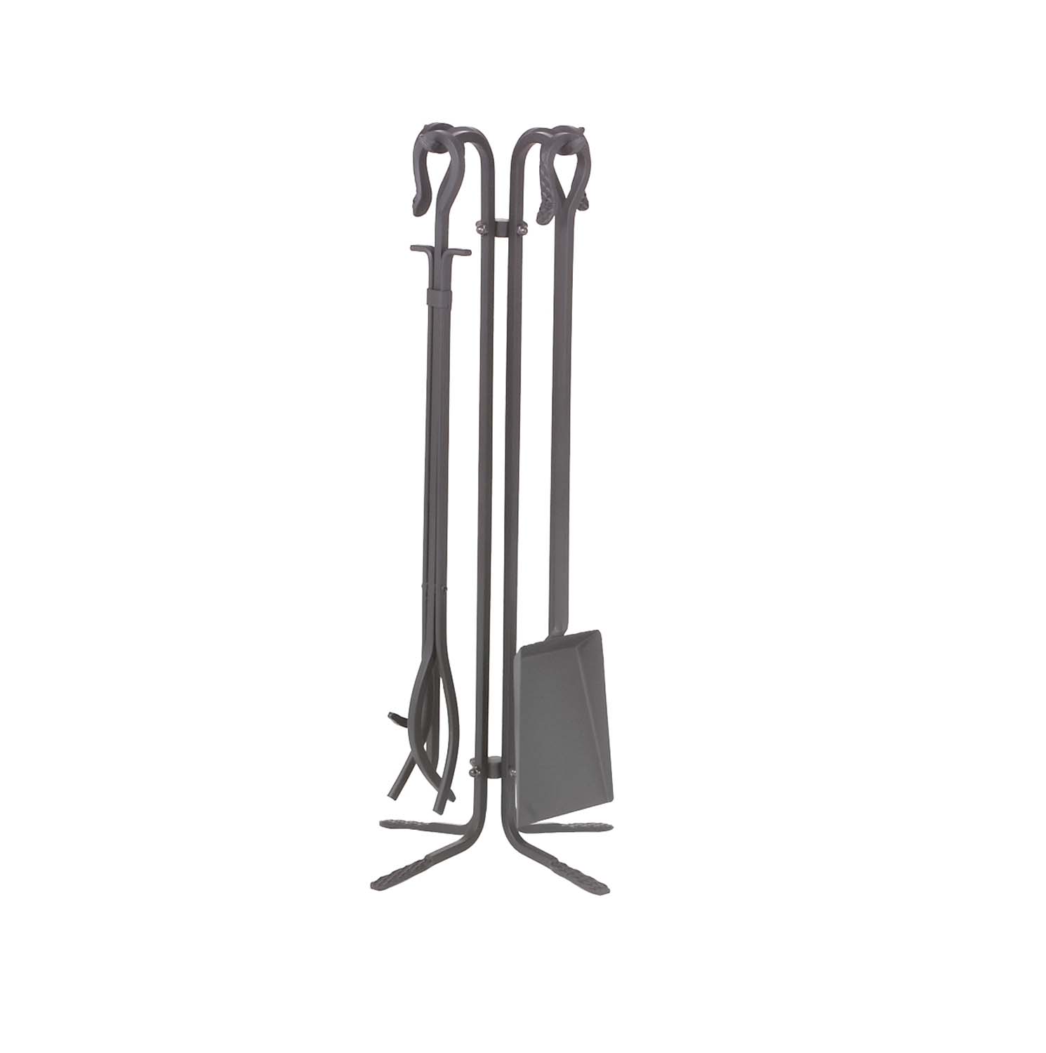 Five-piece fireplace tool set with black wrought iron stand and fireplace tools