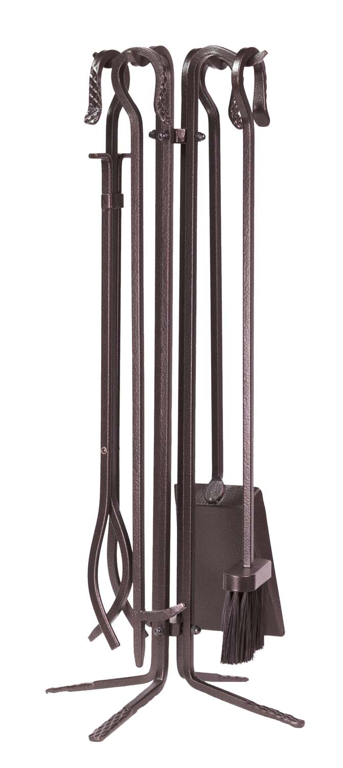 Bronze wrought iron fireplace tool set with stand and five tools