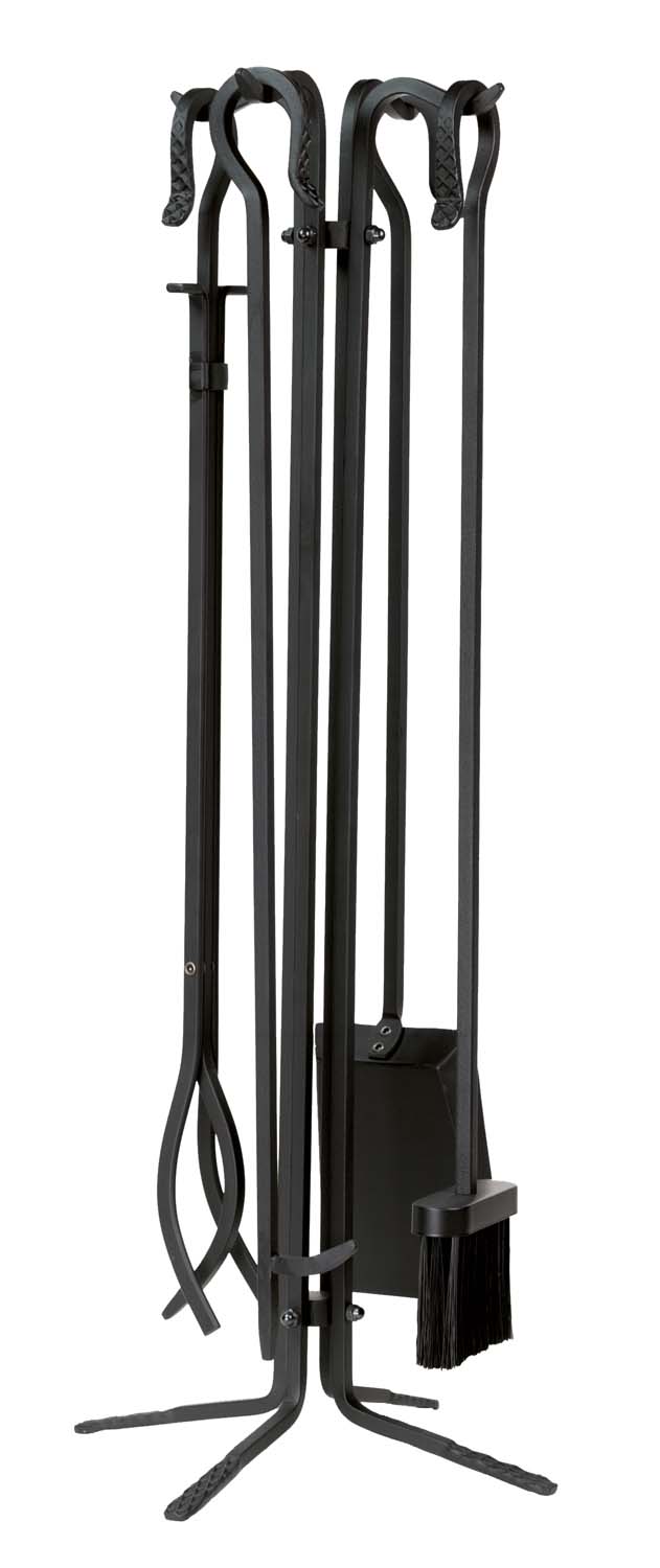 Five-piece wrought iron fireplace tool set with black stand and five tools