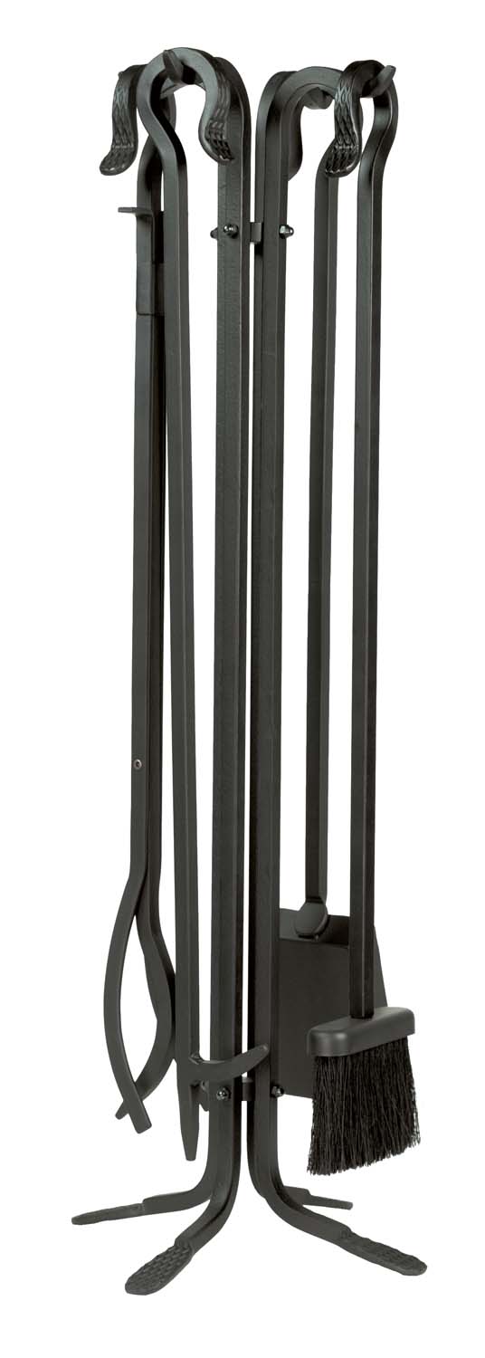 Black wrought iron fireplace tool set with 5 tools in stand