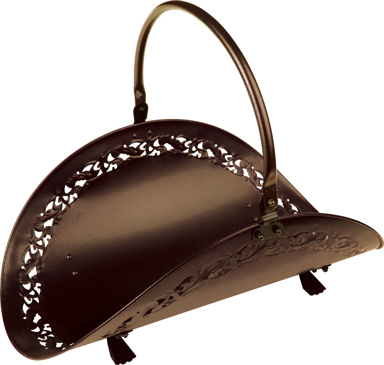 Bronze wood basket with arched handle and decorative cutout sides