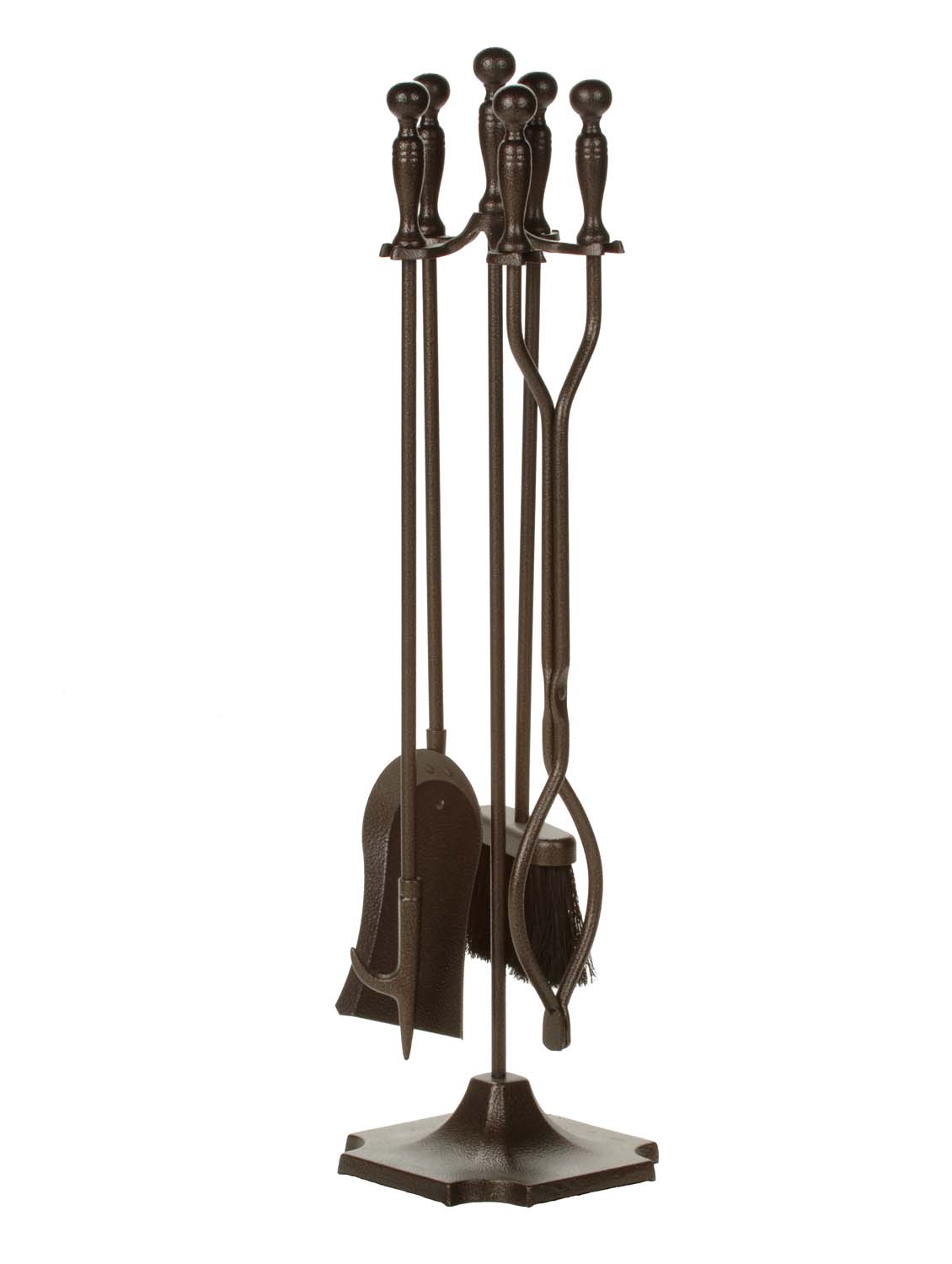 Bronze five-piece fireplace tool set with four tools and stand