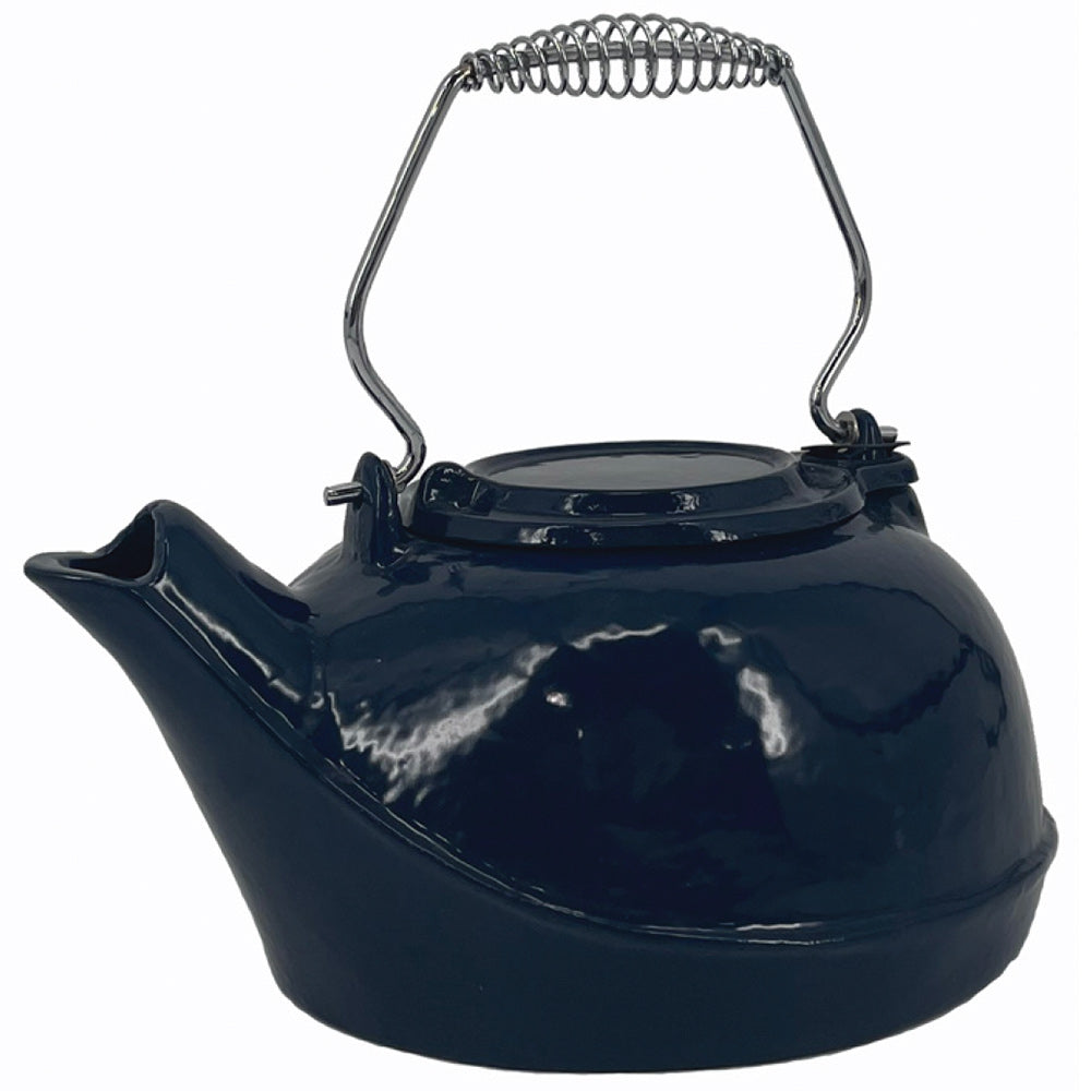 Navy blue kettle-style humidifier with curved handle and wide spout