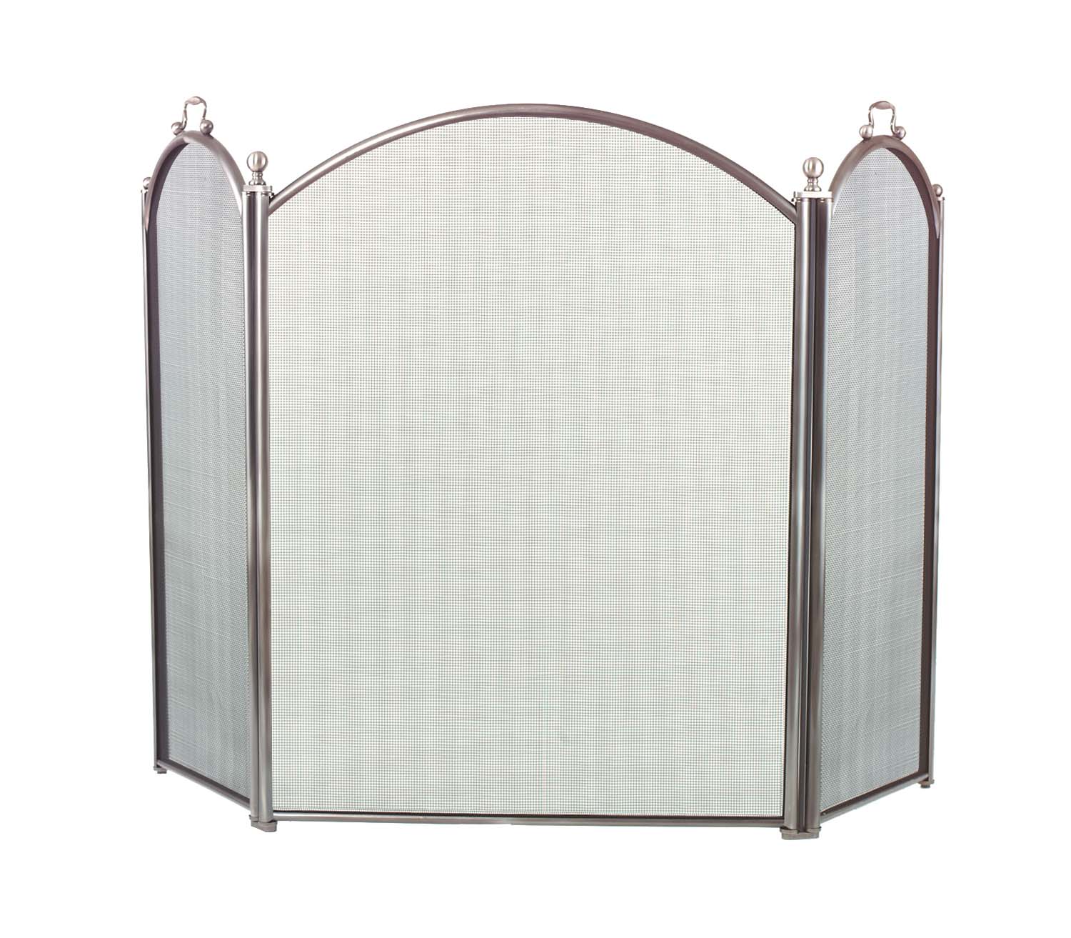Arched three-panel fireplace screen with pewter frame and light mesh panels