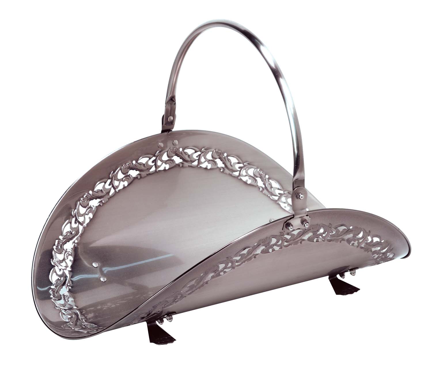 Pewter wood basket with arched handle and decorative metal trim