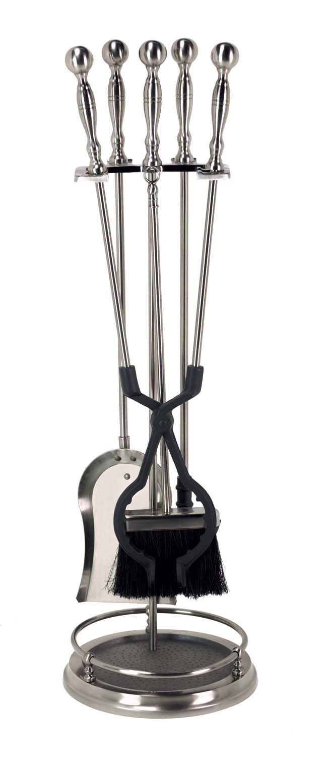 Pewter fireplace tool set with five tools and round stand, including brush and shovel