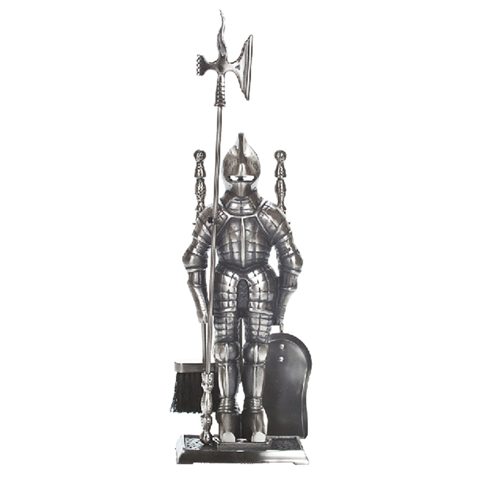 Pewter knight fireplace tool set with standing knight figure and shovel/poker base