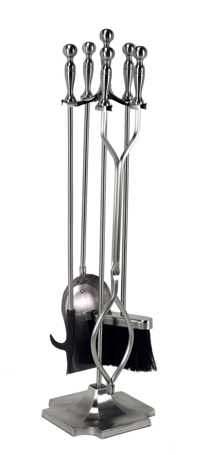 Pewter five-piece fireplace tool set with five chrome-like tools and metal stand