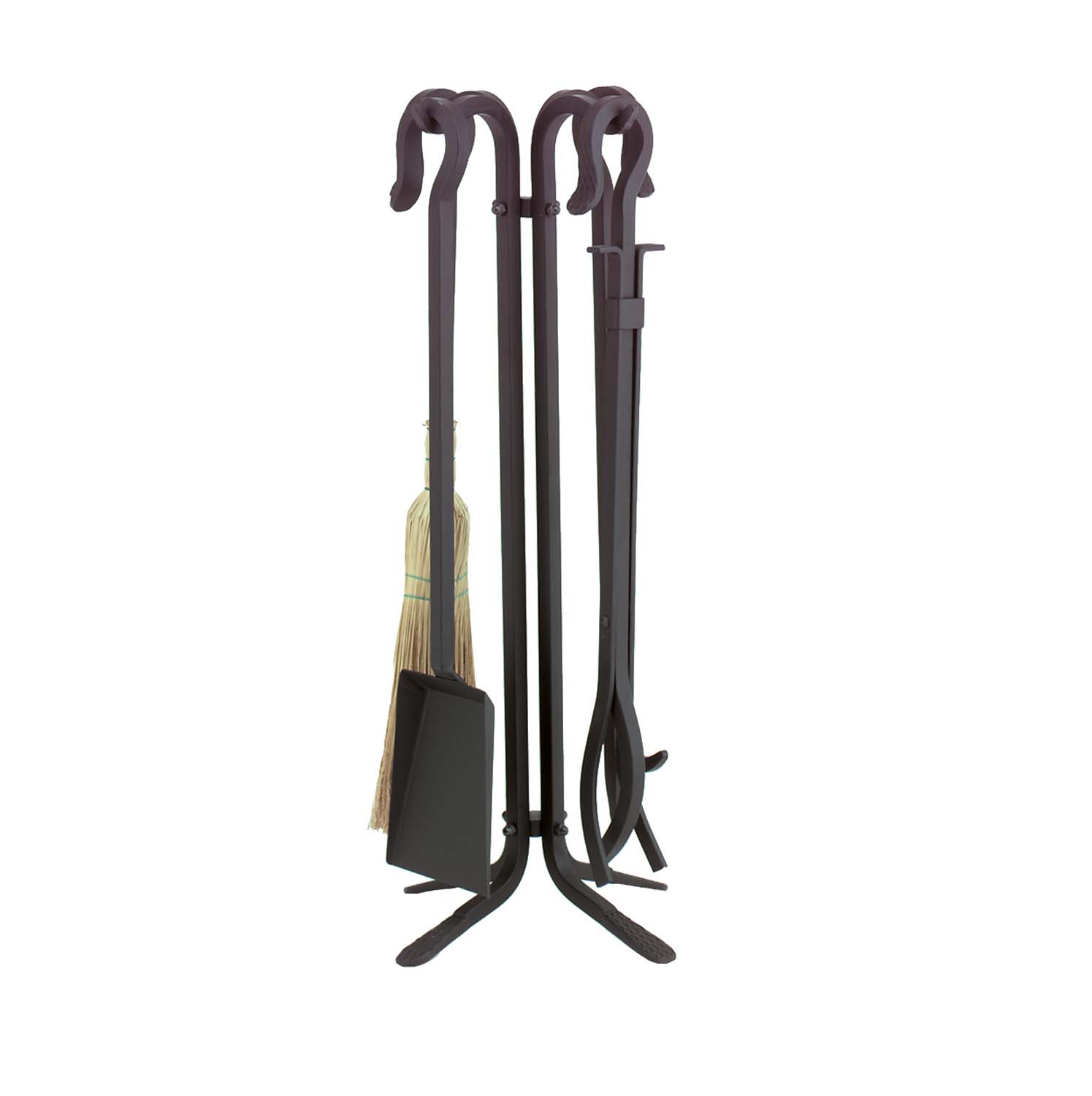 Black wrought iron fireplace tool set with stand and five tools