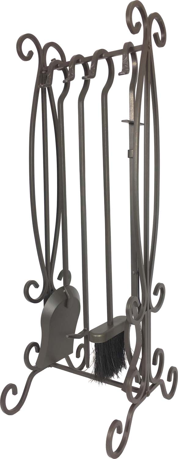 Bronze wrought iron fireplace tool set with five tools and stand