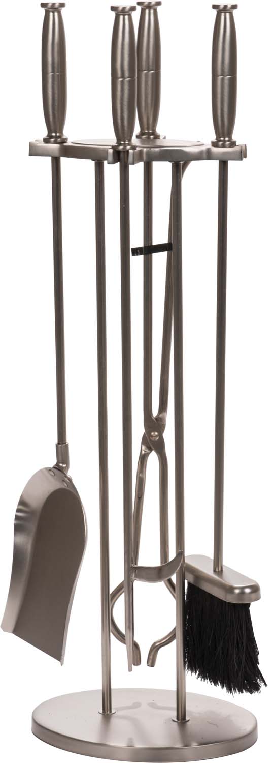 Pewter five-piece fireplace tool set with stand: shovel, poker, brush, tongs