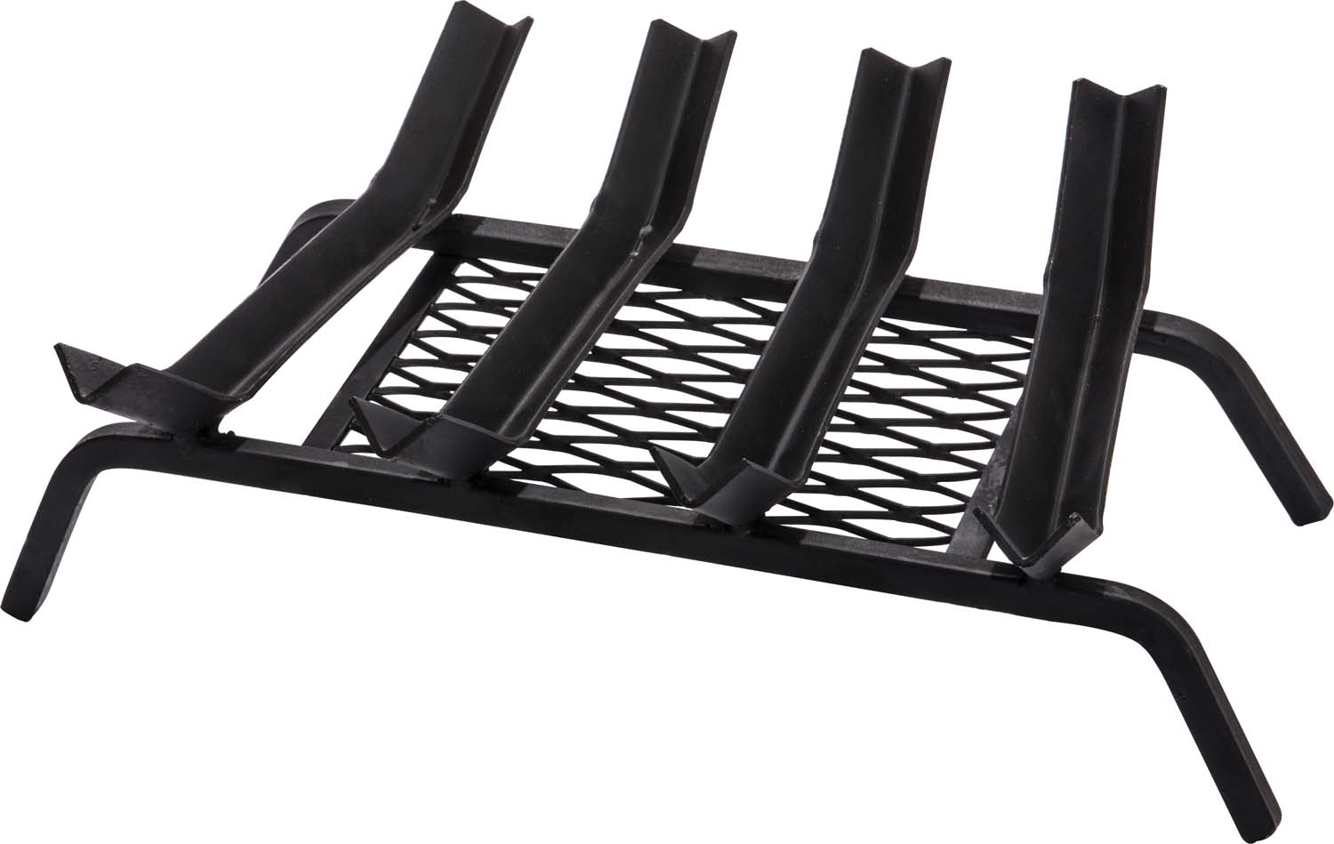 Metal fireplace grate with V-groove design and ember retainer, black